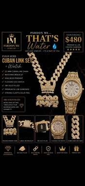 18k Gold Filled Iced Out Boss Crown Pendant and Cuban Link Chain Set with Matchi